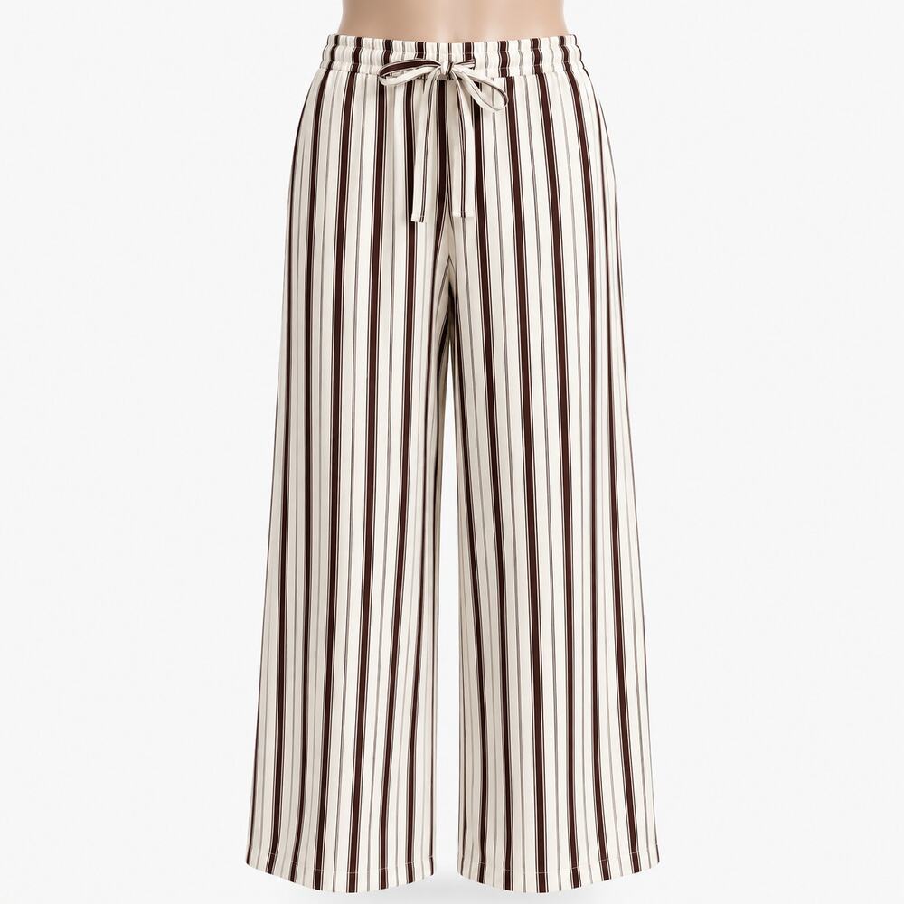 H&M Cream Brown Striped Wide Leg Pants Women's Medium Pull On Drawstring Palazzo - Picture 1 of 10